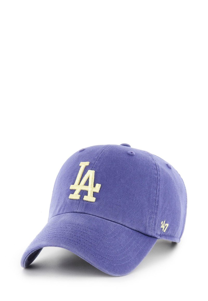 Purple baseball cap made of cotton with a curved brim, featuring an embroidered yellow "LA" logo on the front and a small "47" on the side.