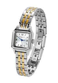 Montre en acier inoxydable argentée et dorée avec un cadran carré blanc, des chiffres romains et des aiguilles bleues. Comprend un design de bracelet en maillons.