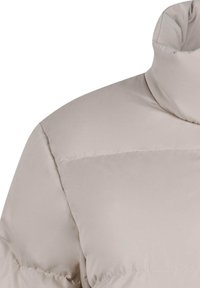 Doudoune beige clair avec un col haut, présentant une texture lisse et brillante ainsi que des coutures horizontales sur les épaules et la poitrine.