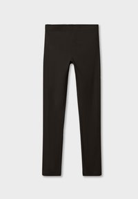Svarte leggings laget av elastisk stoff, med høy midje og rett ben-design uten synlige sømmer eller mønstre.