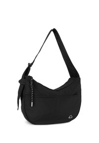 Sac à bandoulière noir avec sangle ajustable, poche avant, cordon décoratif noir et blanc, et petit logo en forme de cœur argenté dans un coin.