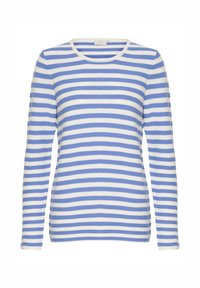 Chemise rayée à manches longues en bleu et blanc. Matière douce, col rond et coupe ajustée avec des manches de longueur régulière.