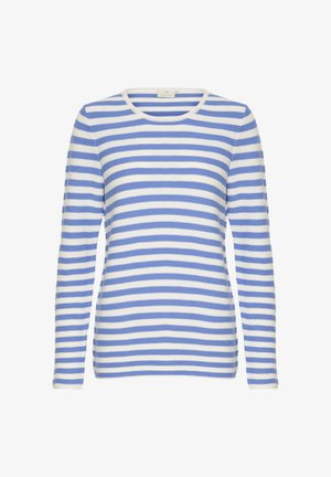 Camisa de manga larga a rayas en azul y blanco. Material suave, escote redondo y forma ajustada con mangas de longitud regular.
