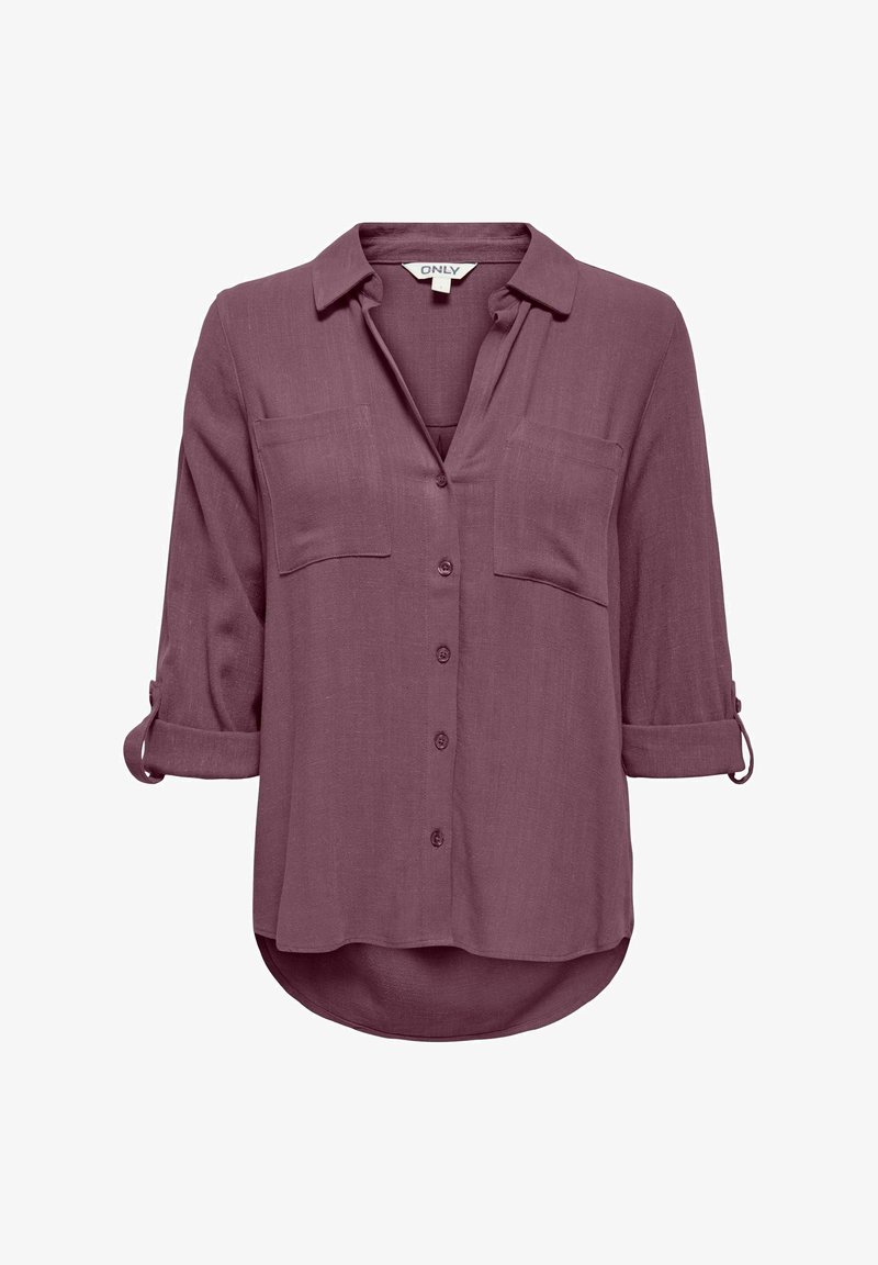 Damska koszula w kolorze mauve z guzikiem, kołnierzykiem, długimi podwiniętymi rękawami, dwoma kieszeniami na piersi oraz zaokrąglonym dołem.