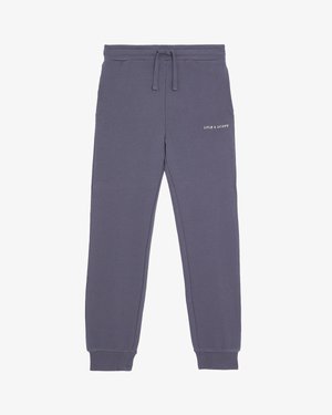 Gray jogger pants made from soft fabric, featuring an elastic waistband, drawstrings, and a small white logo on the left thigh.