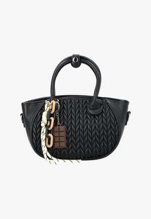 Geantă neagră texturată cu două mânere rotunjite, șnur crem și negru, zale de lanț bej și un charm în formă de baton de ciocolată atașat.