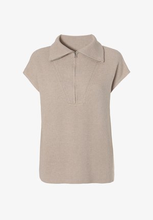 Beige geribbelde gebreide top met een korte ritssluiting en korte mouwen, met een V-vormig ontwerp aan de voorkant. Zachte textuur en een ontspannen pasvorm.