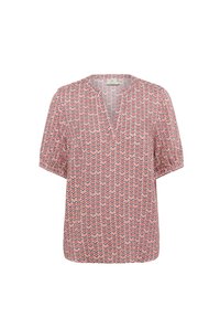 Blouse à manches courtes avec un col en V, fabriquée à partir d'un tissu léger, dotée d'un motif en zigzag rose et gris.