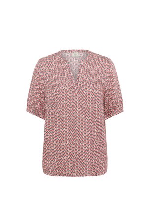 Kurzärmelige Bluse mit V-Ausschnitt, aus leichtem Stoff mit pink- und graufarbenem Zickzackmuster.