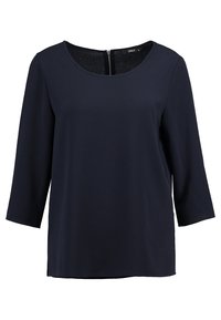 Top blu navy realizzato in tessuto morbido, con scollatura rotonda, maniche a tre quarti e chiusura con zip sulla schiena.