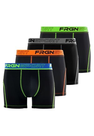Quatre boxers noirs avec des ceintures et coutures assorties en vert néon, gris, orange et bleu, chacun marqué "FRGNSPORT" à la taille.
