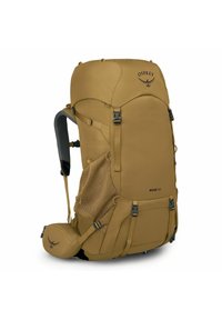 Mochila de senderismo marrón con parte superior redondeada, correas ajustables, bolsillos laterales de malla, diseño ergonómico y marca Osprey. Modelo: Rook 50.