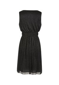 Mustapaita, ilman hihoja, jossa on teksturoitu pinta, sievästi rypytetty joustava vyötärö ja virtaava helma, joka ulottuu polveen.