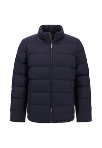 Tumesinine polsterdatud jakk kõrge kraega, ees lukuga ja horisontaalse tikandimustriga. Omab sujuvat kangatekstüüri.