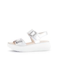Zilverkleurige metallic sandalen met twee verstelbare straps, een brede witte platformzool en gestikte details langs de rand.