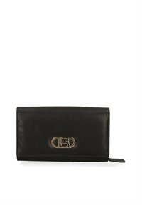 Black leather wallet with a smooth texture, featuring a gold logo accent. Closed, rectangular shape with a zip pull tab on the side.