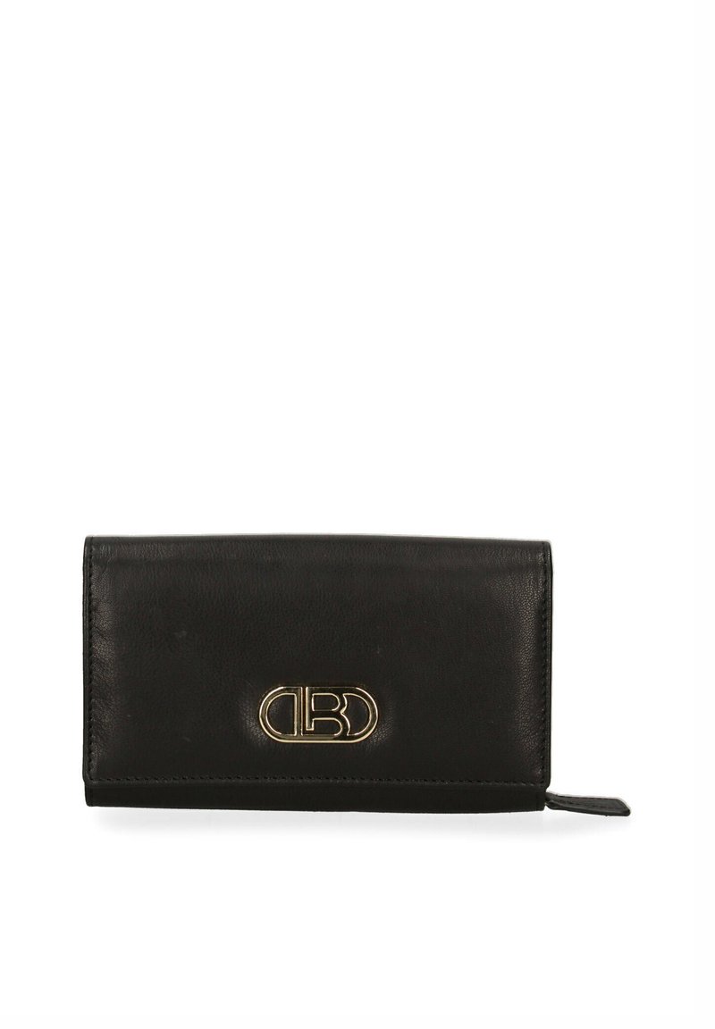Black leather wallet with a smooth texture, featuring a gold logo accent. Closed, rectangular shape with a zip pull tab on the side.