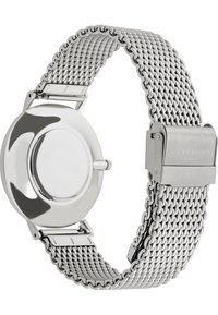 Orologio con cinturino in rete argentata, cassa metallica rotonda e lucida con chiusura sicura. Il cinturino presenta un design a maglie per un aspetto testurizzato.