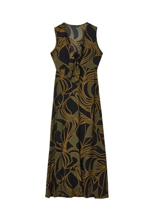 Abito lungo senza maniche con base nera e motivi astratti di foglie in verde oliva e senape, con scollo a V e dettaglio annodato sul davanti.