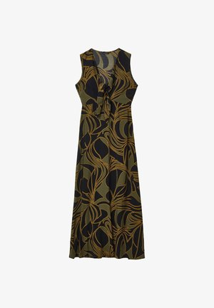 Robe longue sans manches avec une base noire et des motifs de feuilles abstraites en vert olive et jaune moutarde, dotée d'un col en V avec un détail de nœud à l'avant.
