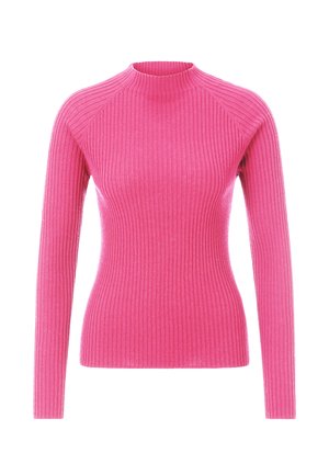 Maglione rosa a coste con collo alto, maniche lunghe e silhouette aderente. Realizzato in tessuto morbido e elasticizzato con una superficie liscia.