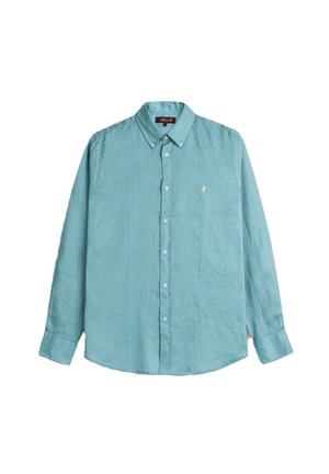 Camicia azzurro chiaro a maniche lunghe con bottoni, colletto con bottoni e piccolo logo bianco ricamato sul petto sinistro.
