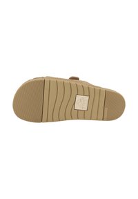 Sole di sandalo marrone con una texture scanalata per una migliore aderenza, con un logo prominente e linee curve per un design flessibile.