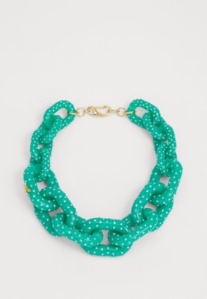 Zielony plastikowy naszyjnik z łańcuszka z okrągłymi ogniwami ozdobionymi małymi, błyszczącymi akcentami i złotym zapięciem w kształcie homara.