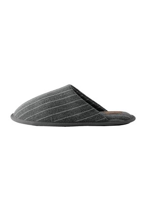 Gray felt slipper with a smooth texture, featuring diagonal stripes and an open back design. Includes a durable gray rubber sole.