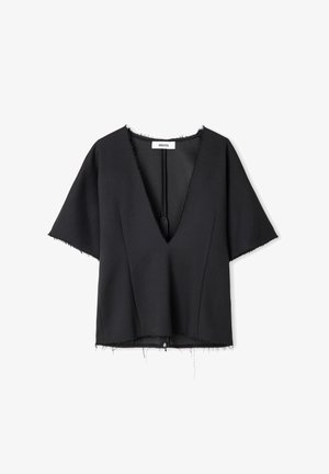 Black cropped top made from textured fabric. Features a deep V-neck, short sleeves, and raw edges for an unfinished look.