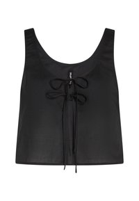 Juodas trumpas viršus, pagamintas iš lygaus audinio, su apvaliu iškirpimu ir priekine raištelių detale su ilgomis, derančiomis juostelėmis.