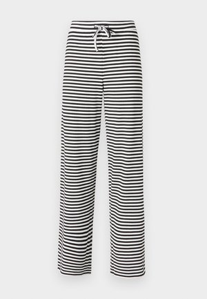 Pantalones de pierna ancha a rayas en blanco y negro con cintura elástica ajustable. Material suave con un corte relajado. Rayas verticales en toda su superficie.
