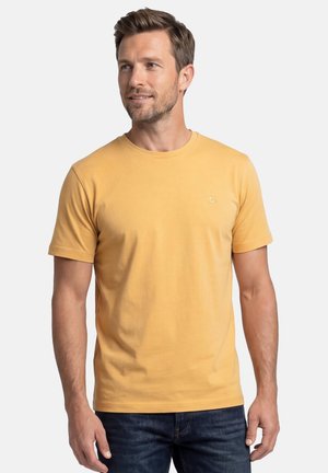 Mand med kort brunt hår iført en ensfarvet gul kortærmet t-shirt og mørke jeans, stående mod en hvid baggrund.