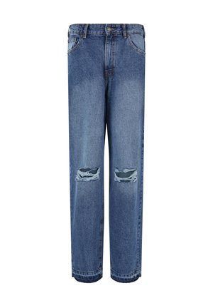 Lysblå denim jeans med en løs pasform, som har to slidte knæhuller og et klassisk fem-lomme design. Lige ben og rå kant.