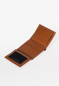 Brown leather wallet with multiple card slots, a transparent ID window, and smooth texture. Opened, revealing interior layout and stitching details.