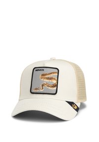 Cream-colored cap with a mesh back, featuring an embroidered snake design on a gray patch and "MENACE" text above the snake.