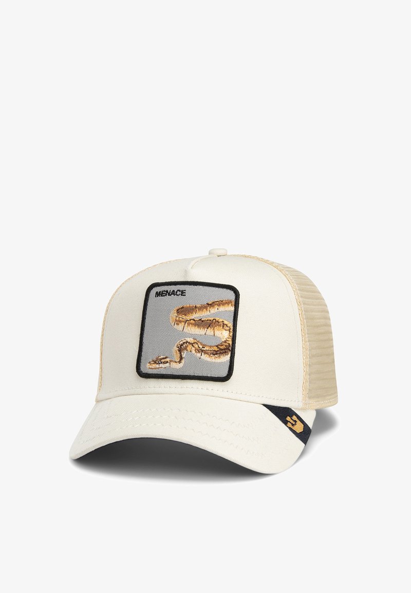 Cream-colored cap with a mesh back, featuring an embroidered snake design on a gray patch and "MENACE" text above the snake.