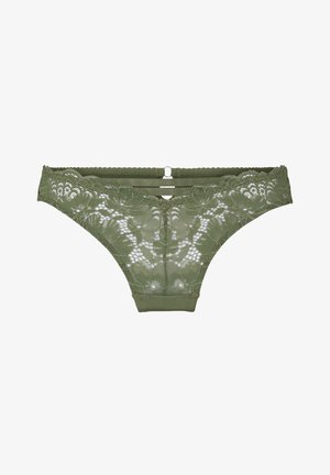 Olivgroene kanten bikiniondergoed met een bloemenpatroon en een klein uitsnijdingsdetail aan de bovenkant in het midden van de tailleband.