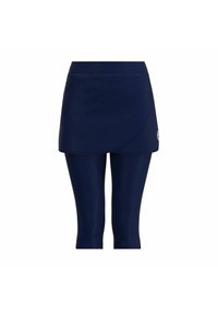 Falda atlética azul marino con mallas integradas, fabricada con un tejido elástico. Presenta un diseño de envoltura en la cintura, que ofrece comodidad y movilidad.