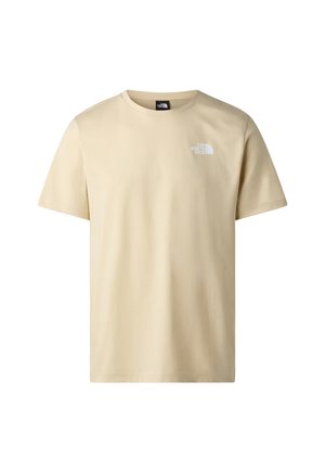 Beige short-sleeve crew neck T-shirt with small white The North Face logo on the left chest.