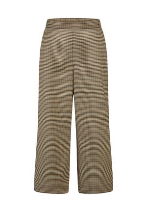 Hoch taillierte, weit geschnittene, gekürzte Hose mit kleinem schwarz-weiß-braun kariertem Muster und geradem Saum.