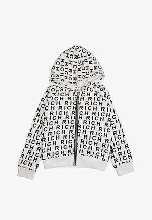 Felpa con cappuccio bianca con zip, con motivo ripetuto "RICH" nero su tutta la superficie e polsini e orlo a coste.