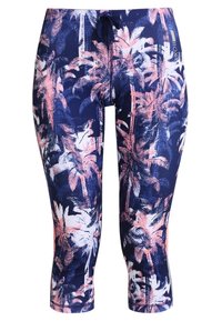 Navy leggings featuring a pink tropical palm leaf print, made from stretch fabric, with an adjustable drawstring waist and cropped length.