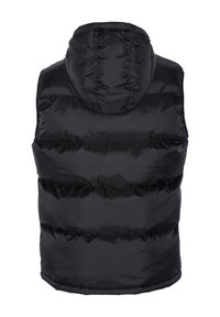 Gilet imbottito nero con cappuccio, caratterizzato da sezioni trapuntate e una texture liscia. Il design è senza maniche con un orlo arrotondato.
