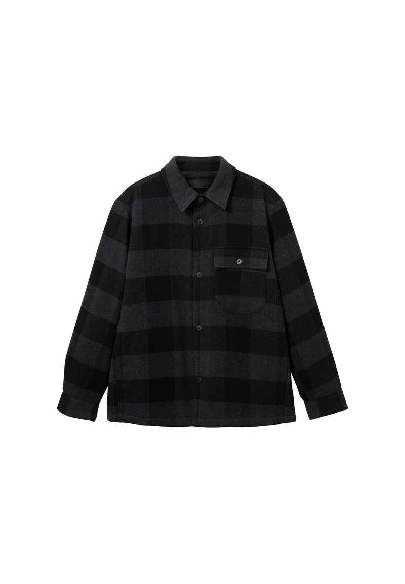 Karierte Bluse in Schwarz und Dunkelgrau, mit durchgehendem Knopfverschluss, Kragen und einer Brusttasche. Hergestellt aus strukturiertem Stoff mit langen Ärmeln.