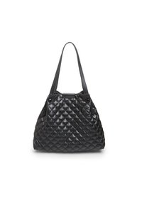 Borsa a tracolla in pelle nera trapuntata con due manici corti, forma arrotondata e chiusura a coulisse. Presenta un motivo a diamante testurizzato.