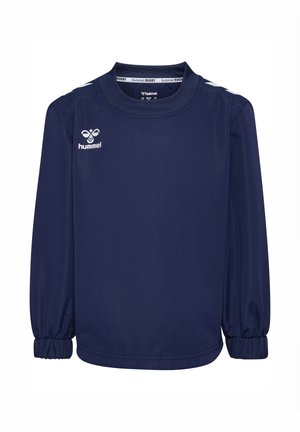 Granatowa sportowa koszulka z długim rękawem z logo hummel na piersi i białymi jodełkami na ramionach, elastyczne ściągacze i okrągły dekolt.