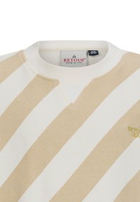 Felpa a righe beige e bianche con scollatura a V. Logo ricamato sul lato sinistro del petto. Texture morbida e materiale in misto cotone.