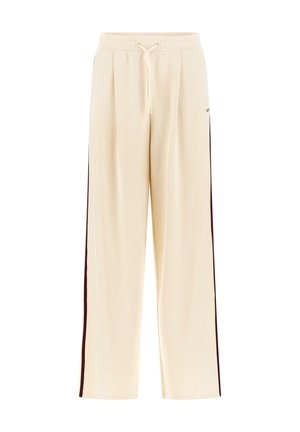 Beige wide-leg pants with elastic waistband, drawstring, and dark vertical stripes on sides.