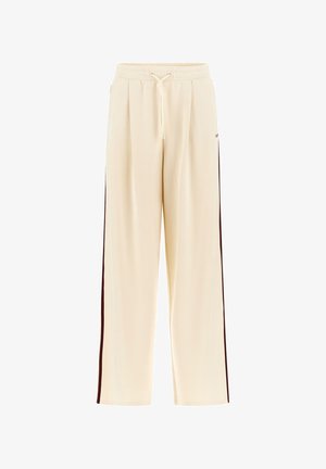 Beige wide-leg pants with elastic waistband, drawstring, and dark vertical stripes on sides.